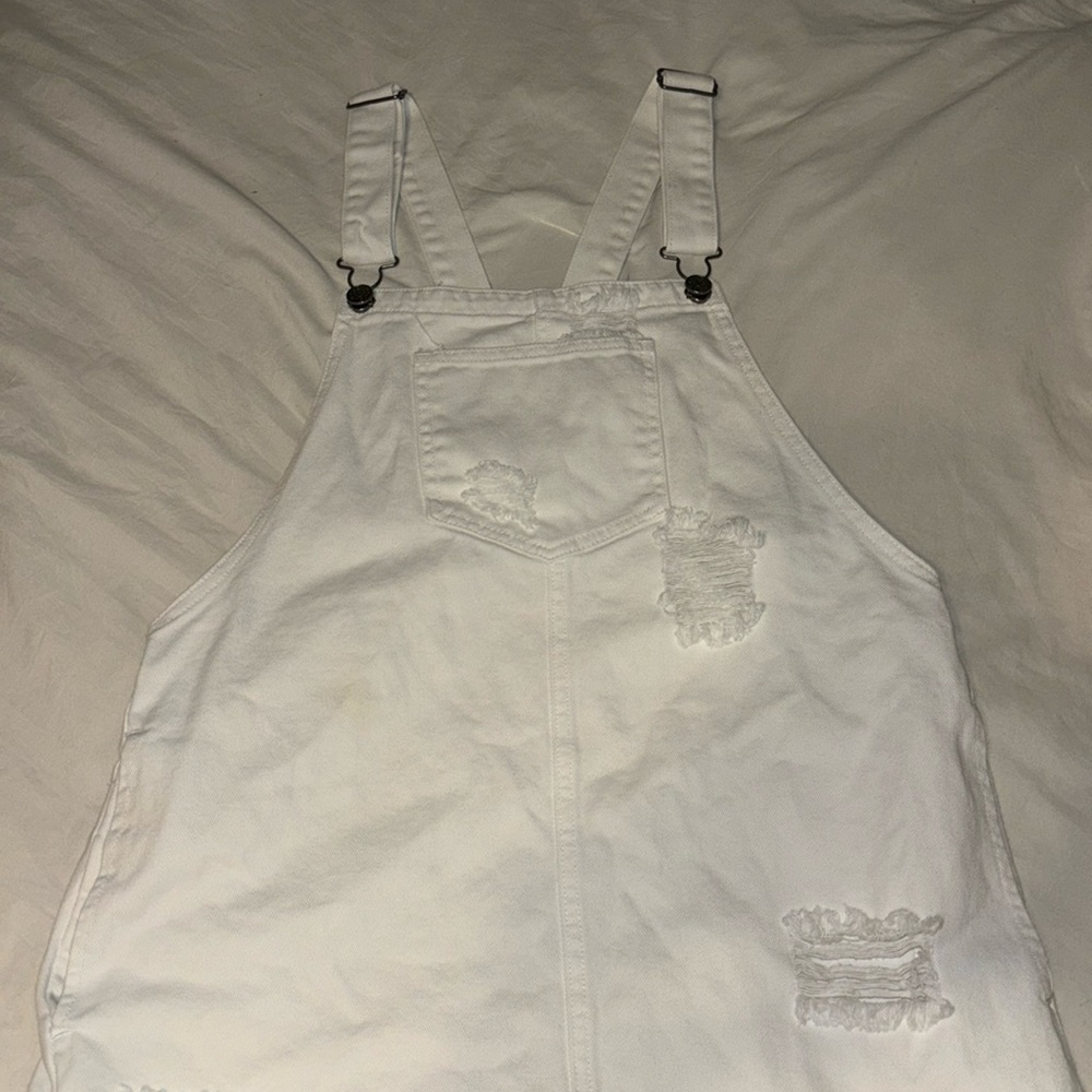 White denim distressed overall dress